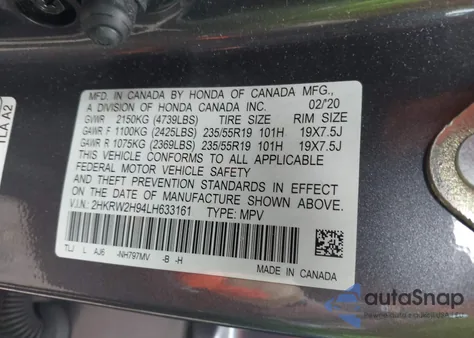 2020 Honda Cr-V Awd Touring из США, поврежденный, VIN 2HKRW2H94LH633161